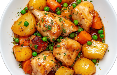 A imagem mostra cortes de frango guarnecidos com legumes, como batata, cenoura e ervilha. A imagem mostra cortes de frango guarnecidos com legumes, como batata, cenoura e ervilha.