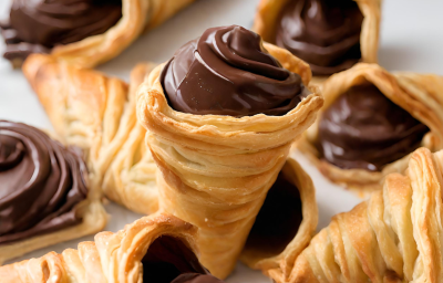 Fotografia mostra uma massa em formato de cone, douradas, recheadas com chocolate.