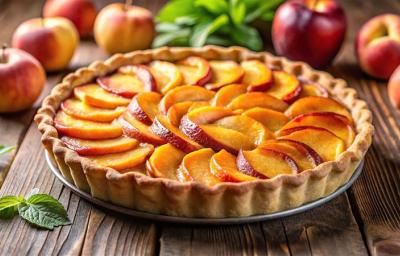 Fotografia de uma torta inteira de pêssego com fatias da fruta decorando todo o superior da sobremesa. A torta está sobre um apoio, o qual está sobre uma mesa de madeira, e ao redor tem várias maçãs e pêssegos inteiros.