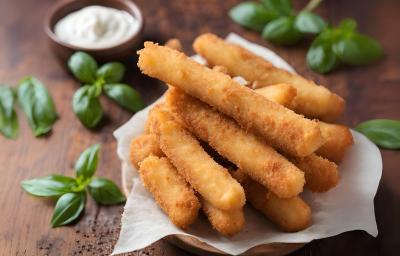 Fotografia de vários palitos de frango com queijo crocantes sobre um apoio de madeira com um papel manteiga por cima. O apoio está sobre uma mesa de madeira mais escura, com várias folhas espalhadas.