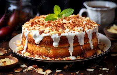 Fotografia de um bolo inteiro de batata doce e iogurte, com uma cobertura de iogurte e por cima, lascas de castanha e folhas de hortelã.