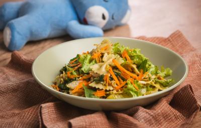 Fotografia em tons de verde e marrom em uma bancada de madeira, um prato redondo fundo verde com a salada de macarrão, frango, legumes e molho pesto dentro. Ao fundo, um ursinho azul deitado.