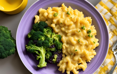 Fotografia em tons de roxo e amarelo com um prato roxo ao centro. Dentro do prato existe uma receita de Mac'n Cheese com brócolis.