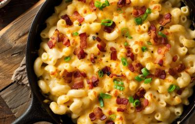 Fotografia vista de cima de macarrrão com queijo e bacon dentro de uma penela preta, sobre uma tábua de madeira.