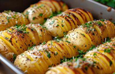 Fotografia de várias batatas gratinadas e cortadas em pequenas tiras dentro de um recipiente cobertas com queijo e folhas verdes