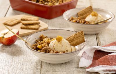 Fotografia em tons de marrom claro com um prato fundo ao centro. Dentro do prato existe um crumble feito com biscoito TOSTINES com maçã acompanhado de sorvete de creme.