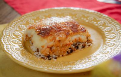 A fotografia mostra Escondidinho da Dona Rosa servido em um prato branco, exibindo camadas perfeitas de arroz soltinho, frango cremoso e purê de batatas dourado, com uma crosta de queijo parmesão e muçarela gratinados