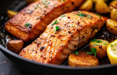 Fotografia de dois filés de salmão e algumas metades de batata bolinha assados na cestinha de um air fryer. Na cestinha tem a metade de um limão siciliano e folhas pequenas de salsinha.