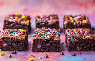 Fotografia de seis pedaços de brownie com confeitos coloridos sobre uma mesa colorida de tom rosa e roxo.