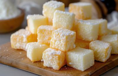 Fotografia de dadinhos de tapioca empilhados e polvilhados com coco ralado.