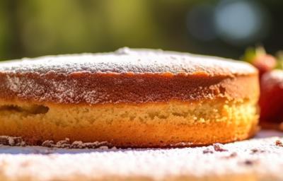 Fotografia de um bolo com massa fofinha de pão-de-ló mostrada de lado. O bolo está polvilhado com açúcar de confeiteiro.