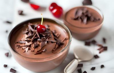 Fotografia de dois recipientes de vidro com mousse floresta negra, com raspas de chocolate e cereja por cima. Os recipientes estão sobre uma mesa branca, com raspas de chocolate espalhadas.