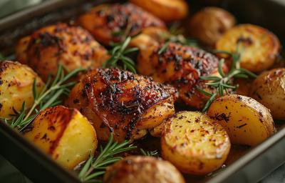 Fotografia de quatro sobrecoxas de frango assadas com batatas bolinha, também assadas. Por cima tem alguns ramos de tomilho.