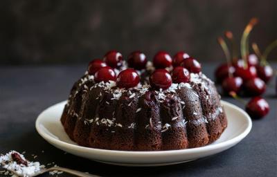 Fotografia de um bolo de nescau, feito na forma redonda com furo no meio, com cereja na massa e várias cerejas por cima do bolo, que está sobre um prato fundo branco. O prato está sobre uma mesa preta, que tem várias cerejas juntas.