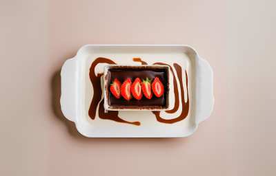 Fotografia vista de cima de uma sobremesa de 4 leites com chocolate e morango dentro de uma travessa retangular branca.