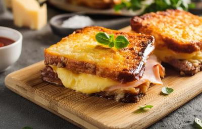 Fotografia de dois lanches de queijo e presunto com mais queijo gratinado por cima de cada um, que estão juntos sobre uma tábua de madeira. Fotografia de dois lanches de queijo e presunto com mais queijo gratinado por cima de cada um, que estão juntos sobre uma tábua de madeira.