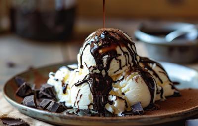 Fotografia de quatro bolas de sorvete preparado com leite MOÇA e creme de leite, e por cima, bastante calda de Nescau e pedaços de chocolate. A sobremesa está em um prato raso de cor marrom, está apoiado em um pano bege, sobre uma mesa de madeira marrom.