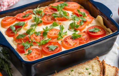 Fotografia mostra uma forma retangular contendo uma torta salgada natalina decorada com fatias de tomate