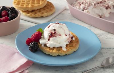 Foto da receita de MOÇA Sorvete de Ninho com Frutas Vermelhas. Observa-se uma bola grande de sorvete sobre um waffle, em um pratinho azul. Frutas vermelhas decoram a receita!