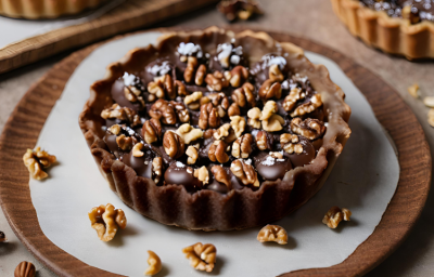 Fotografia em tons de maeeom com uma torta Chocolate com Nozes e Caramelo Salgado ao centro. A base da torta é feita com biscoito de chocolate, recheada com um creme de chocolate e caramelo salgado e, por cima, pedaços de nozes.