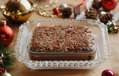 Foto da receita de doce abraço de natal, um pavê decorado com raspas de chocolate, lindíssimo e servido sobre uma mesa decorada com itens de natal