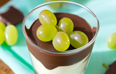 Foto da Receita de Bombom de Uva no Copo. Observa-se um copo de vidro com um creme baixo embaixo, por cima chocolate e decorado com uvas verdes. Foto gerada por IA.