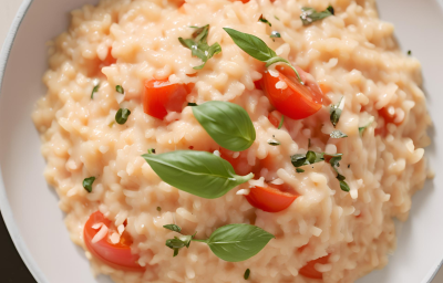 Fotografia mostra um risoto cremoso com tomates, pequenas folhas de manjericão e queijo parmesão