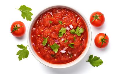 Fotografia vista de cima em tons claros de um recipiente branco fundo com molho de tomate caseiro rústico. Por cima do molho tem coentro, e ao lado do recipiente, tem alguns tomates inteiros e folhas de salsinha, e estão sobre uma mesa branca.