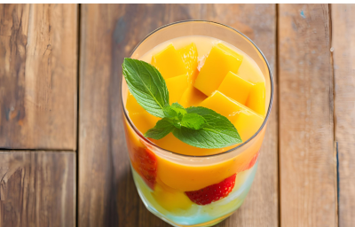 Fotografia de um copo de vidro com um refresco de frutas, com pedaços de frutas e por cima, folhas de hortelã. O copo está sobre uma mesa de madeira.