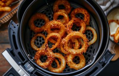 Fotografia vista de cima de várias onion rings dentro da cesta da air fryer, que está sobre uma mesa de madeira.