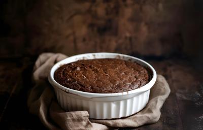 Fotografia de uma forma branca com bolo de chocolate sem glúten sobre uma mesa de madeira escura.