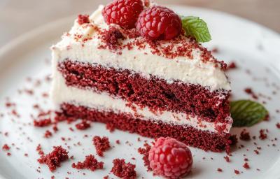 Fotografia de uma fatia de bolo red velvet sobre um prato branco raso de vidro com folhas de hortelã, farelo de bolo e algumas frutas framboesas.