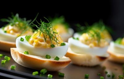 Fotografia de algumas unidades de canapés preparados com ovos de codorna e creme de leite com cebolinha por cima.