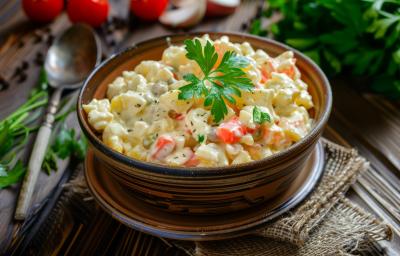 Fotografia de um recipiente fundo marrom com salada de maionese e uma folha de salsinha por cima. Ao lado do recipiente tem uma colher, ramo e talo de salsinha.