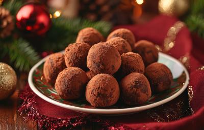 Trufas de panetone decoradas com uma camada fina de chocolate, polvilhadas com cacau em pó.