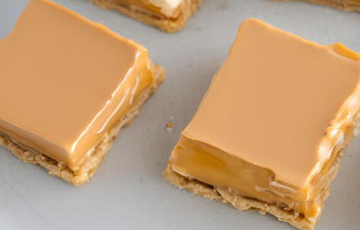 Foto aproximada de duas fatias da receita de pavê também quero, em camadas claras de creme, com a última camada de doce de leite