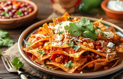 Fotografia em tons de marrom e laranja com um prato fundo ao centro. Em cima do prato existe uma receita mexicana de nachos com carne, queijo e milho.