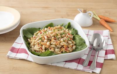 Fotografia em tons de vermelho em uma bancada de madeira com um pano de prato branco com listras vermelhas, um refratário branco quadrado com a salada de feijão branco com cenoura e tomate. Ao fundo, um potinho com azeite e duas cenourinhas.