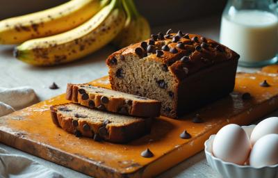 Fotografia de uma tábua de madeira médio claro sobre uma mesa de madeira clara. Sobre a tábua tem uma unidade de banana bread com gotas de chocolate, tem duas fatias sobrepostas. Ao fundo tem um cacho de banana, leite em uma jarra e alguns ovos. Fotografia de uma tábua de madeira médio claro sobre uma mesa de madeira clara. Sobre a tábua tem uma unidade de banana bread com gotas de chocolate, tem duas fatias sobrepostas. Ao fundo tem um cacho de banana, leite em uma jarra e alguns ovos.