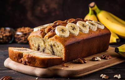 Fotografia de um bolo de banana, com rodelas por cima, feito em forma retangular pequena com uma fatia cortada e apoiada em uma forma de madeira.