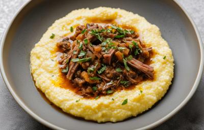 Fotografia de um prato fundo cinza com uma receita de ragu de carne finalizado com salsinha sobre polenta. Fotografia de um prato fundo cinza com uma receita de ragu de carne finalizado com salsinha sobre polenta.