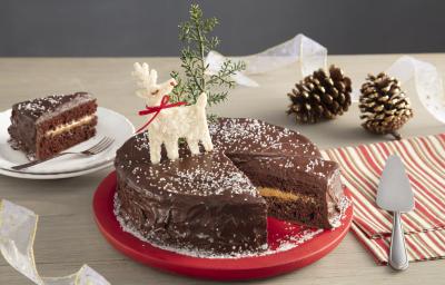 Fotografia em tons de vermelho em uma bancada de madeira clara, um pano bege com listras vermelhas, um prato vermelho redondo com o bolo de chocolate com recheio de doce de leite com decoração de natal. Ao fundo, um prato com uma fatia do bolo.