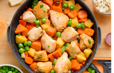 Cubinhos de frango dourados e macio, com pedaços suculentos desmanchando na boca. Dentro da panela ea o redor do frango, uma mistura colorida de legumes frescos, como cenouras cortadas em rodelas, batatas em cubos, ervilhas verdinhas, em uma panela