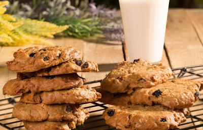 Fotografia em tons de marrom de uma bancada marrom com uma grade preta com cookies. Ao fundo ramos de flores e um copo de vidro com leite.