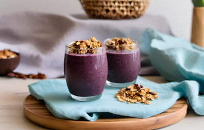 Fotografia de dois copos de vidro, os dois com shake de açaí e granola por cima. Os copos estão sobre um pano azul de tom claro, com mais granola, no canto. O pano está sobre uma tábua redonda de madeira.