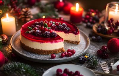 Fotografia mostra uma cheesecake com uma base de biscoito visível sob um creme claro, coberto por uma camada brilhante de geleia de frutas vermelhas. Frutas frescas como morangos, amoras e mirtilos decoram o topo. Decoração ao redo é natalina