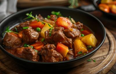 Fotografia mostra um prato com carne, cenoura e batata picadas. A carne parece suculenta devido ao molho que compõe o prato.