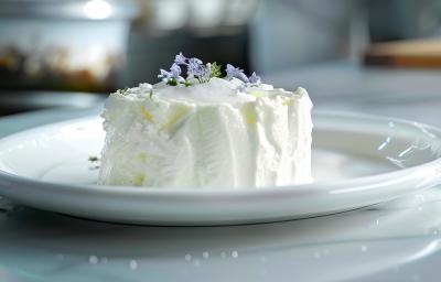 Fotografia em tons claros de um bolo de noiva com cobertura branca, sobre um apoio grande branco, apoiado sobre uma mesa de mármores branca. No bolo tem alguns enfeites florais roxos por cima.