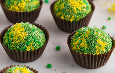 Fotografia mostra brigadeiros redendos com granulados em tons de verde e amarelo sobre forminhas na cor marrom.