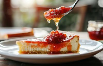 Fotografia de uma fatia de cheesecake sobre um prato de vidro branco raso. Por cima da fatia tem uma geleia de cupuaçu sendo jogada e caindo de uma colher de sopa.